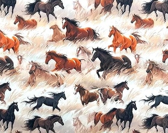 Horse Cotton Poplin Fabric, Animal Print, Quilting Sewing Craft Fabric Material