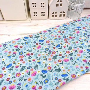 Floral Bunny Jersey Fabric, 150 cm Wide T-shirt Dressmaking Fabric, Children Clothes Material, Jade Lilac Blue Stretchy Fabric by Half Metre Flowers on blue