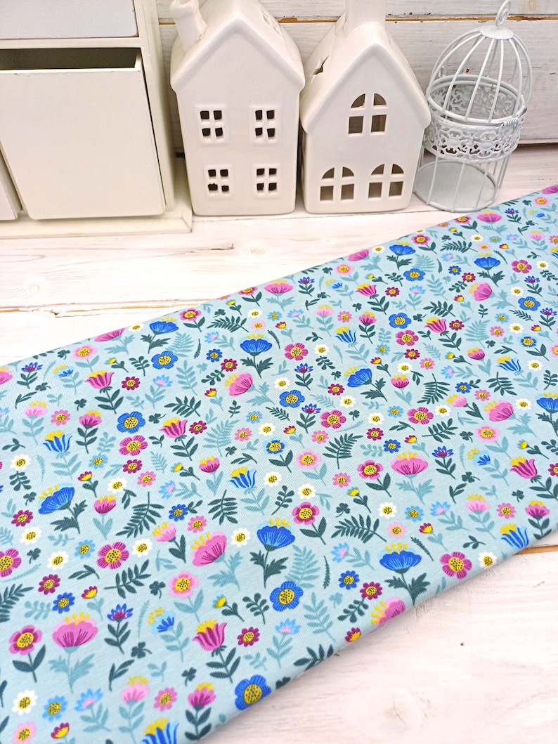 Floral Bunny Jersey Fabric, 150 cm Wide T-shirt Dressmaking Fabric, Children Clothes Material, Jade Lilac Blue Stretchy Fabric by Half Metre Flowers on blue