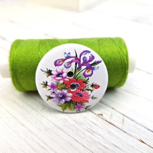 Floral Wooden Buttons, Flower Buttons, Large Round Two Hole Buttons, Sewing Knitting Crochet Scrapbooking Buttons, 30 mm Buttons, Pack of 6