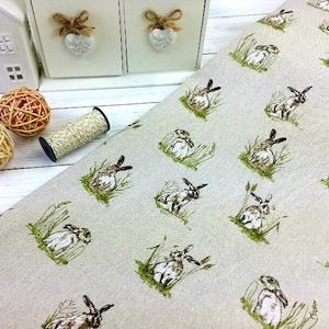 Hare Fabric, 100 % Cotton, Rabbit Print, Animal Fabric, 140 cm Width  Linen Look Fabric, Sewing Craft Fabric by Fat Quarter/Half Metre/Metre