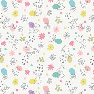 Easter Bunny Eggs Chick Fabric, 100% Premium Cotton Fabric Lewis & Irene, Rabbit Floral Spring Flowers Cotton Print on Ivory, Quilt Fabric