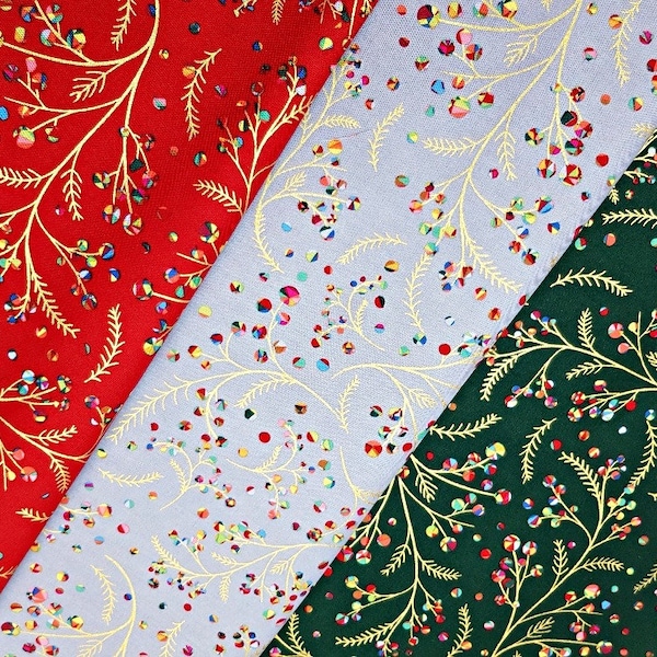 Christmas Metallic Gold Fabric, 100% Cotton, Quilting Sewing Craft Fabric, 140 cm Wide Festive Material by Fat Quarter/Half Metre/Metre