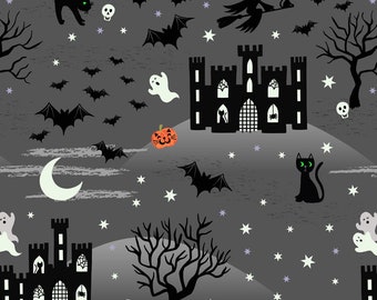 Halloween Stoff, 100% Premium Baumwolle Baumwollstoff Hexe, Halloween Druck, Hexenschädel, schwarze Katze Hexe, Halloween Druck auf grau, Quilting Stoff