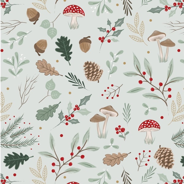 Autumn Forest 100% Cotton Fabric, Woodland Leaves Mushrooms Berries Cones, Quilting Sewing and Craft Fabric by Fat Quarter/Half Yard/Yard