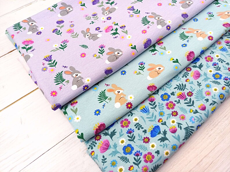 Floral Bunny Jersey Fabric, 150 cm Wide T-shirt Dressmaking Fabric, Children Clothes Material, Jade Lilac Blue Stretchy Fabric by Half Metre image 8