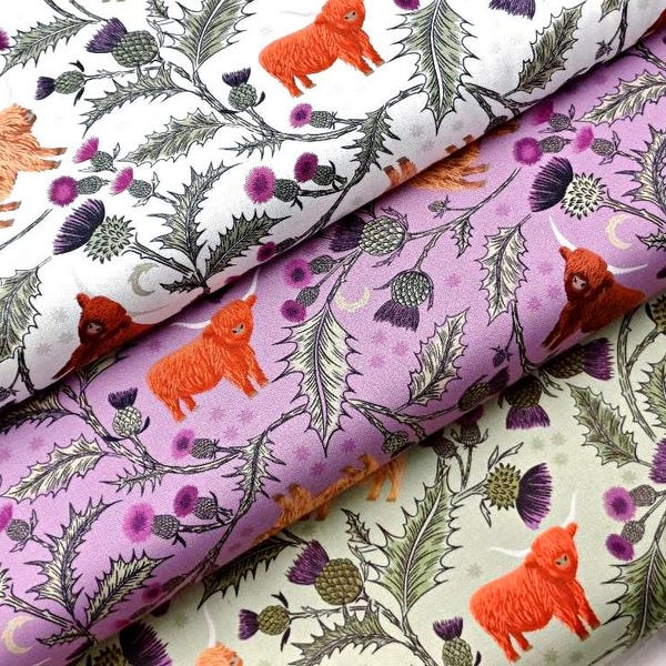 Highland Cows Fabric, 100% Premium Cotton Fabric Lewis & Irene, Scottish Cow Thistles Animals Floral Print, Quilting Sewing Craft Material