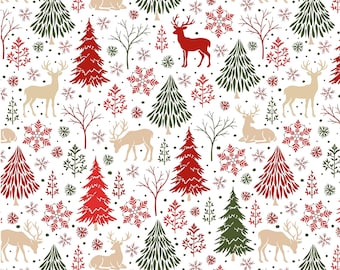 May include: A repeating pattern on a white background featuring beige and red deer, green and red evergreen trees, bare brown branches, and red snowflakes. The design includes various sizes of trees and deer in standing or resting positions.