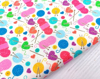 Knitting Theme Fabric, 100% Cotton, Yarn Knitting Wool Crochet Tools Cotton Print, Quilt Sewing Craft Fabric by Fat Quarter/Half Metre/Metre