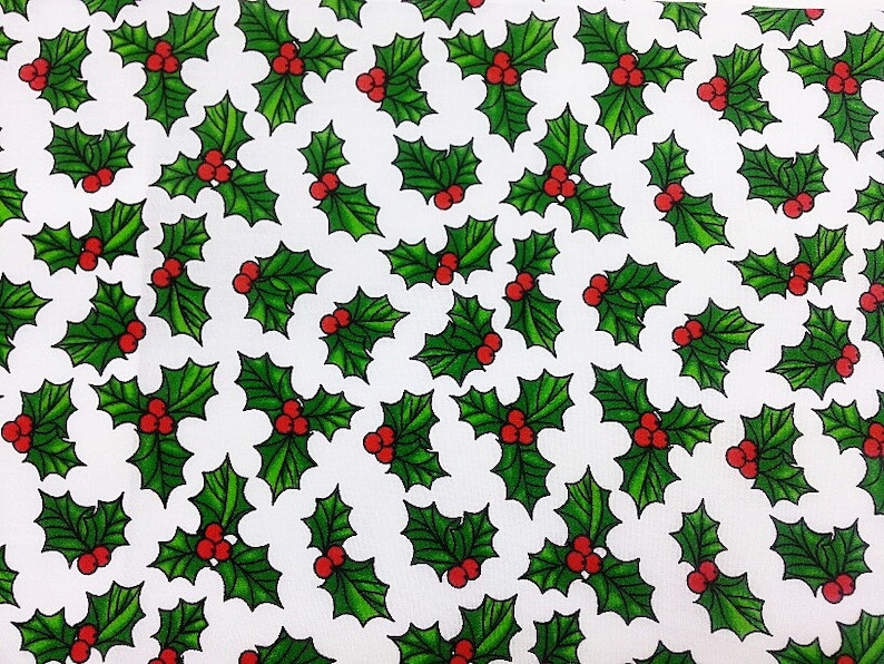 May include: A white background with a repeating pattern of green holly leaves with red berries.