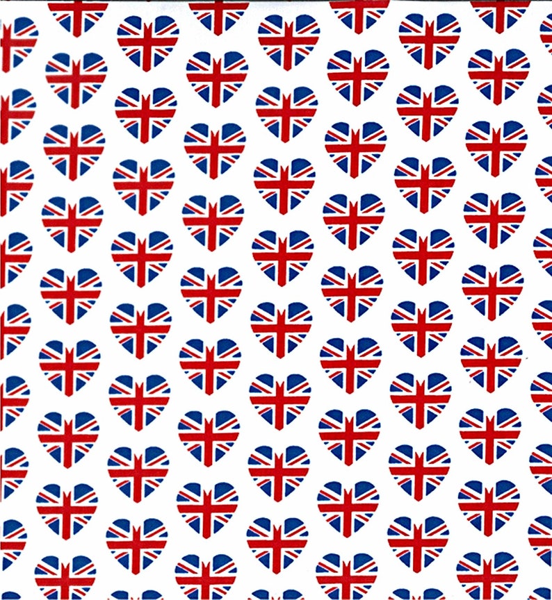 May include: A repeating pattern of heart shapes, each featuring the Union Jack flag design in red, white, and blue. The hearts are evenly spaced against a white background, creating a patriotic and romantic visual.