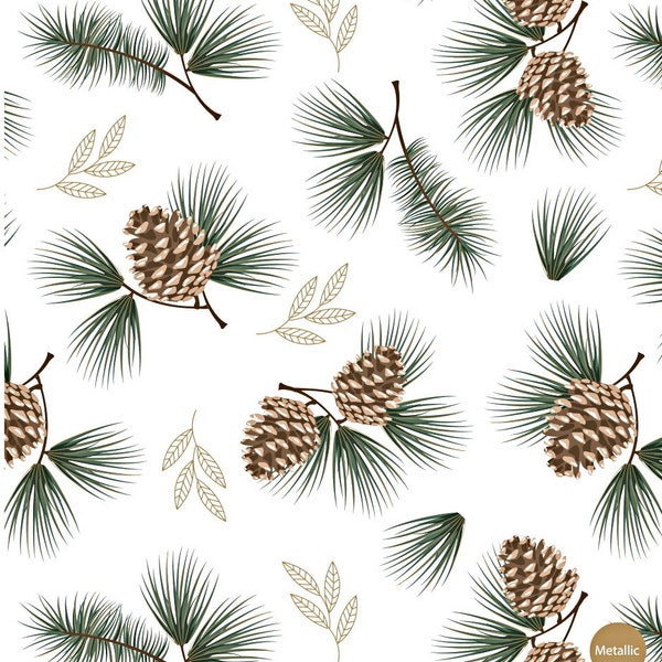 Christmas Fabric, Pine Cones Fabric, 100% cotton, Quilting Fabric, Festive Forest Gold Metallic Material by Fat Quarter/Half Metre/Metre