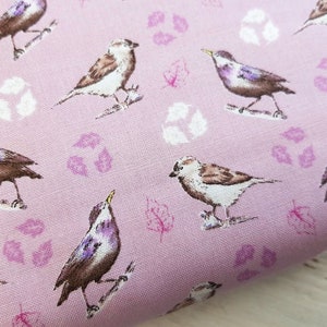 Op de afbeelding: Roze stof met een herhalend patroon van kleine vogels en gestileerde bladeren. De vogels zijn in tinten bruin, wit en paars.