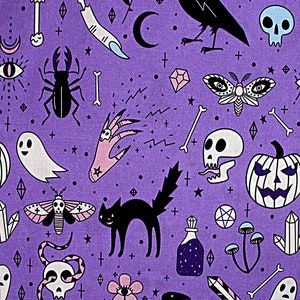 Halloween Fabric, 100% Cotton, Quilt Fabric, 140 cm Wide Magic Symbols Black Cats Skulls Moths Ghosts Fabric by Fat Quarter/Half Metre/Metre