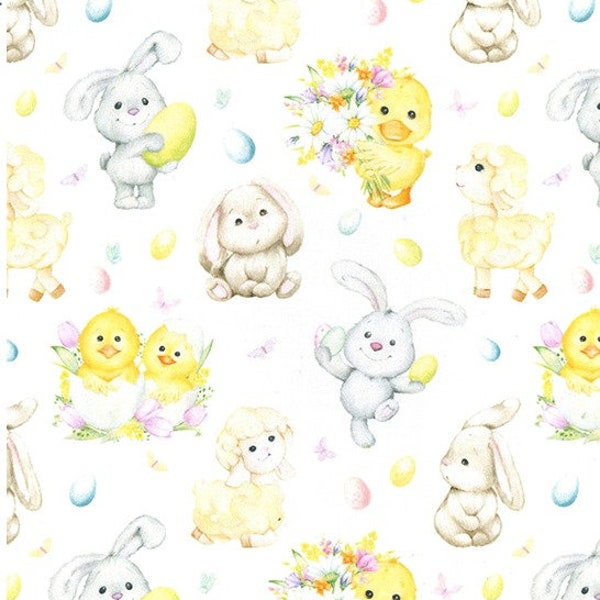 Easter Fabric, 100% Cotton, Easter Bunny Chick Sheep Eggs Cotton Print, Sewing and Craft Fabric, Kids Fabric by Fat Quarter/Half Metre/Metre