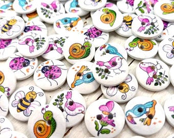Bee Bird Butterfly Ladybird White Wooden Buttons, Sewing Knitting, 15 mm, Pack of 10