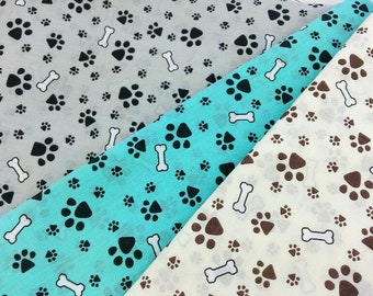 Dog Paws and Bones Polycotton Fabric, Animal Material, Paw Print on Grey/Cream/Aqua