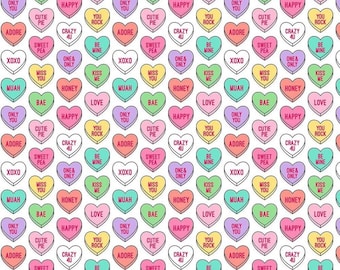 Love Sweet Heart Fabric, 100% Cotton, Valentines Kids Treats Print, 140 cm Wide Quilting Sewing Craft Fabric by Fat Quarter/Half Metre/Metre