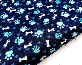 Dog Fabric, 100% Cotton, Paws Bones Hearts Print on Navy, Pets Animal Fabric, Quilting Sewing Craft Material by Fat Quarter/Half Metre/Metre