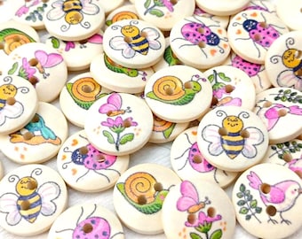 Bee Bird Butterfly Ladybird Cream Wooden Buttons, Sewing Knitting, 15 mm, Pack of 10