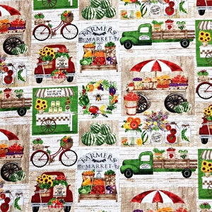 Farmers Market Fabric, 100% Cotton, Fruit Vegetable Sunflower Honey Bee Track Print, Quilt Sewing Material by Fat Quarter/Half Metre/Metre