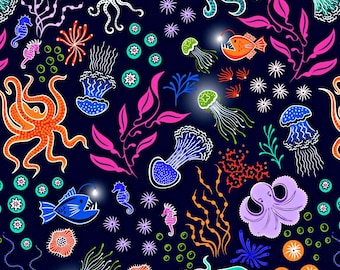 Under the Sea Cotton Fabric by Lewis & Irene, Octopus Jellyfish Corals on Navy, Quilting Sewing Craft Material