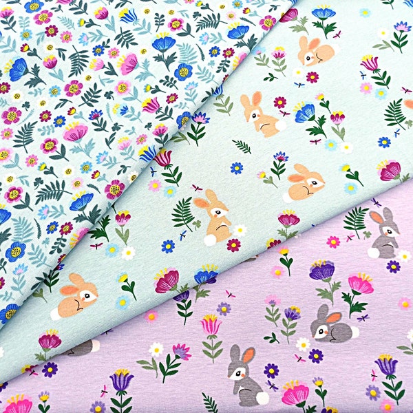 Floral Bunny Jersey Fabric, 150 cm Wide T-shirt Dressmaking Fabric, Children Clothes Material, Jade Lilac Blue Stretchy Fabric by Half Metre