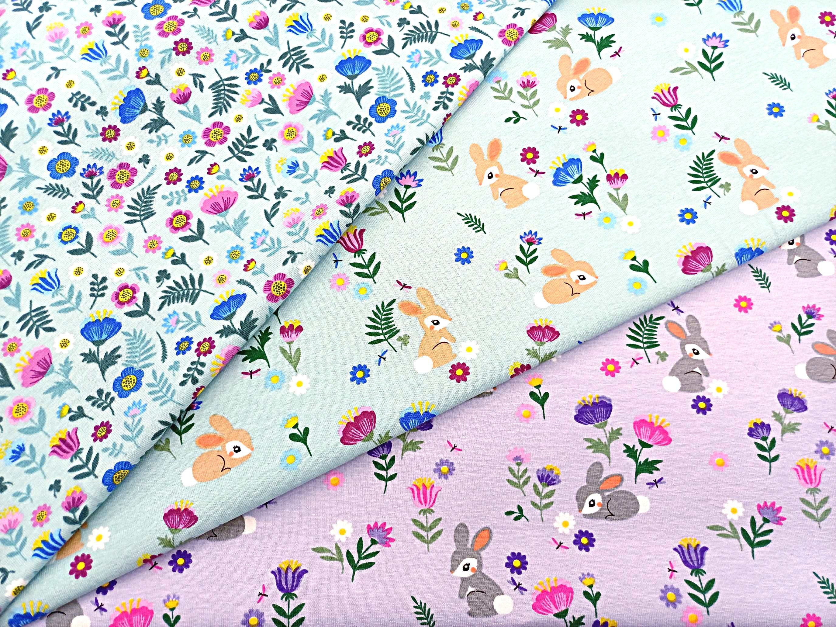 Floral Bunny Jersey Fabric, 150 cm Wide T-shirt Dressmaking Fabric, Children Clothes Material, Jade Lilac Blue Stretchy Fabric by Half Metre