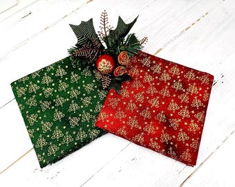 Christmas Tree Metallic Gold Fabric, 100% Cotton, Quilting Sewing Craft Fabric, Small Print Festive Material by Fat Quarter/Half Metre/Metre