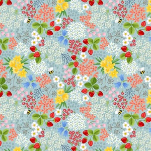 May include: A seamless pattern featuring a variety of flowers and strawberries on a light blue background. The flowers are in shades of pink, red, yellow, and white. The strawberries are red and green. There are also small bees flying around the flowers.