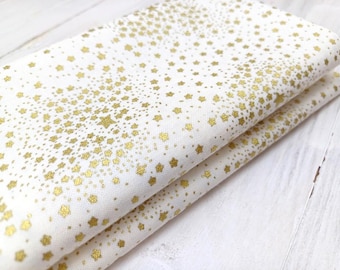 Christmas Tiny Stars Fabric, 100% Cotton, Metallic Gold Stars on Cream, Festive Quilt Sewing Craft Material by Fat Quarter/Half Yard/Yard