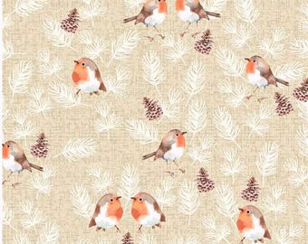 Cute Christmas Robin Pinecone Fabric, 100% Cotton, Festive Winter Forest Print, Quilting Sewing Craft Fabric by Fat Quarter/Half Metre/Metre
