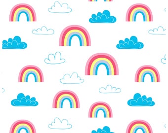 Rainbow and Clouds Cotton Fabric, Nursery Quilting Material by Fat Quarter/Half Metre/Metre