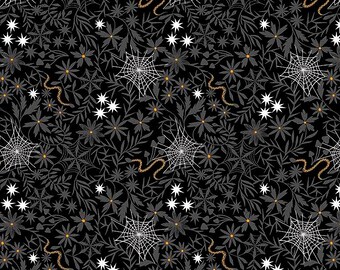 Halloween Cotton Fabric by Lewis & Irene, Snake Floral Cobwebs Cotton Print on Black, Quilting Material