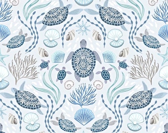 Ocean Themed Cotton Fabric by Lewis & Irene, Sea Turtle Family on Light Mist with Pearl, Quilting Sewing Craft Material