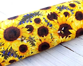 Sunflower Fabric, 100% Cotton, Quilt Sewing Craft Fabric, Bee Lavender Floral Print, Summer Garden Material by Fat Quarter/Half Metre/Metre