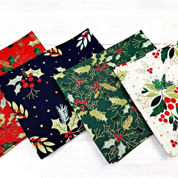 Christmas Fat Quarter Bundle, 100% cotton, Quilt Fabric, Traditional Holly Berry Festive Fat Quarters in Green Red Navy White Gold, Set of 4