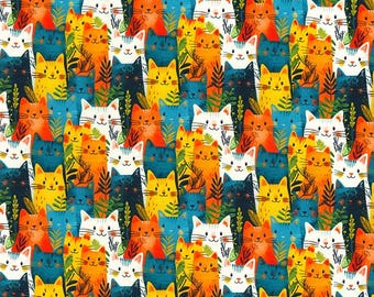 Multicolour Cats Floral Cotton Poplin Fabric,  Animal Material, Quilting Sewing Craft Fabric by Fat Quarter/Half Metre/Metre