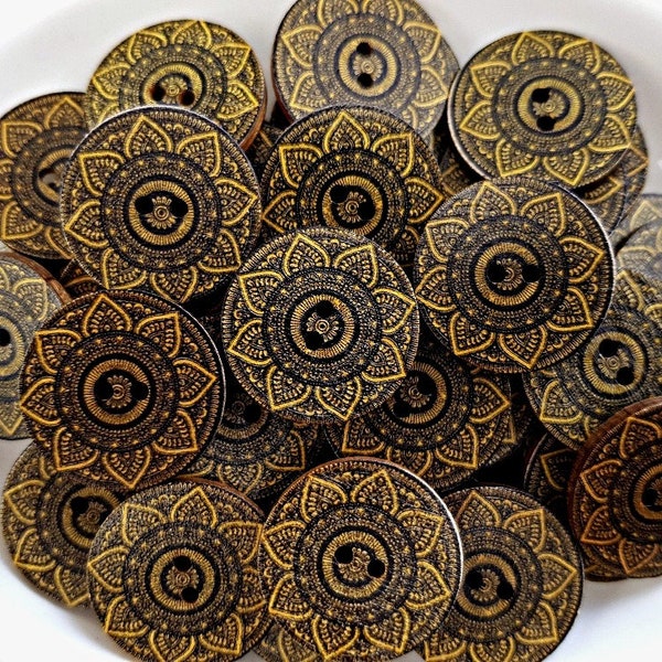 Mandala Wooden Buttons, Bohemian Buttons, Tribal Patterned Buttons, Boho Buttons, 25 mm Sewing Knitting Scrapbooking Buttons, Pack of 8