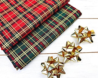 Christmas Red Green Metallic Gold Tartan, 100% Cotton, Quilting Sewing Craft Fabric, 140 cm Width Fabric by Fat Quarter/Half Metre/Metre