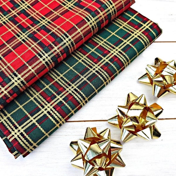 Tartán de oro metálico verde rojo navideño, 100% algodón, tela artesanal de costura acolchada, tela de 140 cm de ancho por cuarto gordo/medio metro/metro