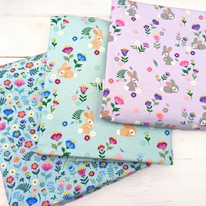 Floral Bunny Jersey Fabric, 150 cm Wide T-shirt Dressmaking Fabric, Children Clothes Material, Jade Lilac Blue Stretchy Fabric by Half Metre image 3