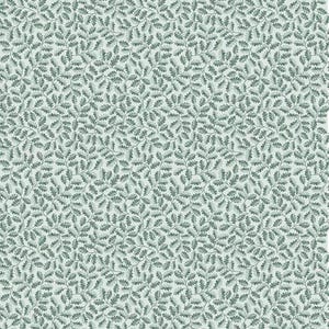 May include: A repeating pattern of small, dark sage green oak leaves and thin stems set against a light, pale mint green background. The dense botanical design covers the entire surface with a consistent, intricate, and uniform arrangement.