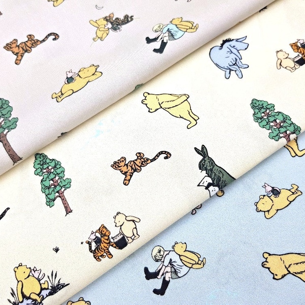 Winnie the Pooh Fabric, 100% Cotton, Cute Piglet Tigger Eeyore Print, Quilt Sewing Craft Fabric, Kids Fabric by Fat Quarter/Half Metre/Metre