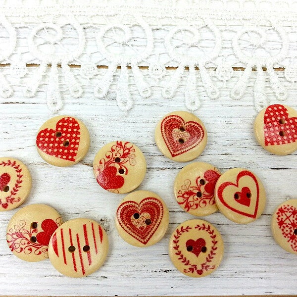 Valentines Buttons, Heart Buttons, Wooden Buttons, Red Heart Design Buttons, Painted Wood Buttons, Round Buttons, Sewing Buttons, Pack of 10