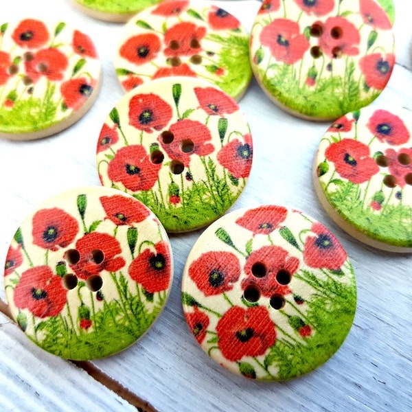 Wooden Buttons, Poppy Buttons, Floral Buttons, Poppy Field Design Buttons, Sewing Knitting Scrapbooking Buttons, 30 mm Buttons, Pack of 6