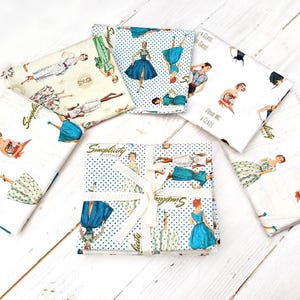 Vintage Fat Quarter Stoff Bündel, 100% Bio-Baumwolle, Quilting, Nähen, Handarbeit, Vintage Damen Retro Design Baumwolldruck, 5er-Set
