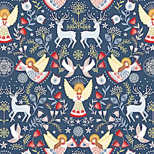 Christmas Angels Deer Dove Metallic Gold 100% Premium Cotton Fabric Lewis & Irene, Floral Festive Blue Material, Quilt Sewing Craft Fabric