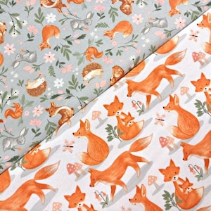 Woodland Animals Brushed 100% Cotton Flannel, Cute Fox Rabbit Fawn Hedgehog Print, Baby Nursery Material by Fat Quarter/Half Metre/Metre