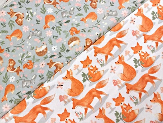 Woodland Animals Brushed 100% Cotton Flannel, Cute Fox Rabbit Fawn Hedgehog Print, Baby Nursery Material by Fat Quarter/Half Metre/Metre